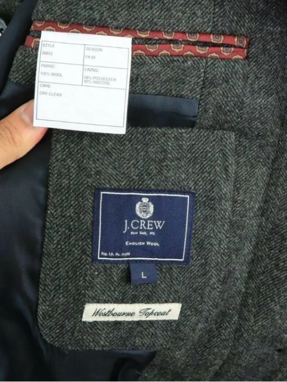 J. Crew Men’s Grey Wool Herringbone Westbourne Tweed Balmacaan Overcoat Large